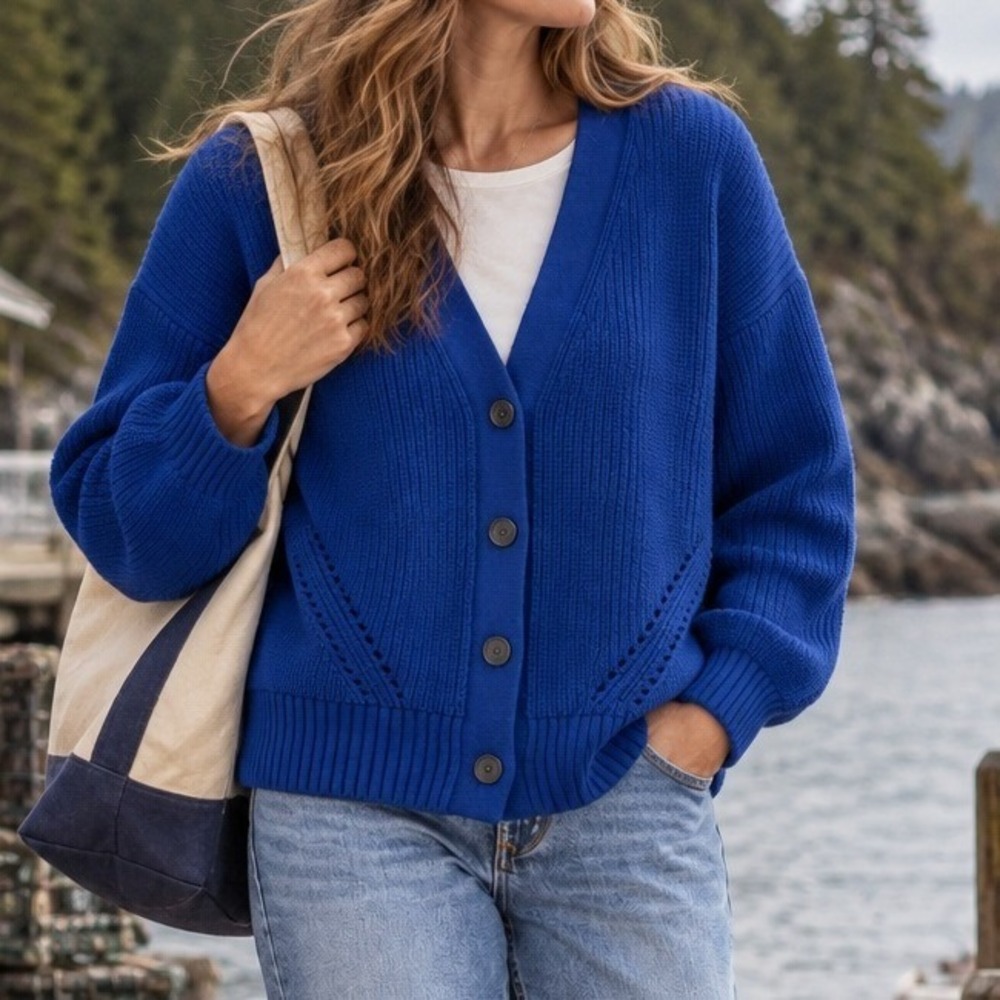 Duluth Trading Co Womens L Heavyweight Cotton Cardigan Sweater Blue Chunky Knit
